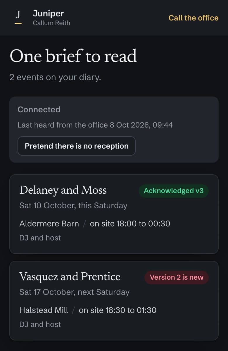 Juniper Events performer screen for a DJ, showing two upcoming weddings, one brief acknowledged at version 3 and one where version 2 is new
