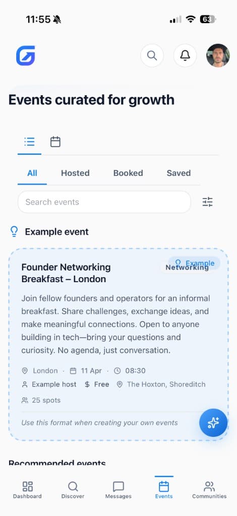 GrowthSync app: curated events list