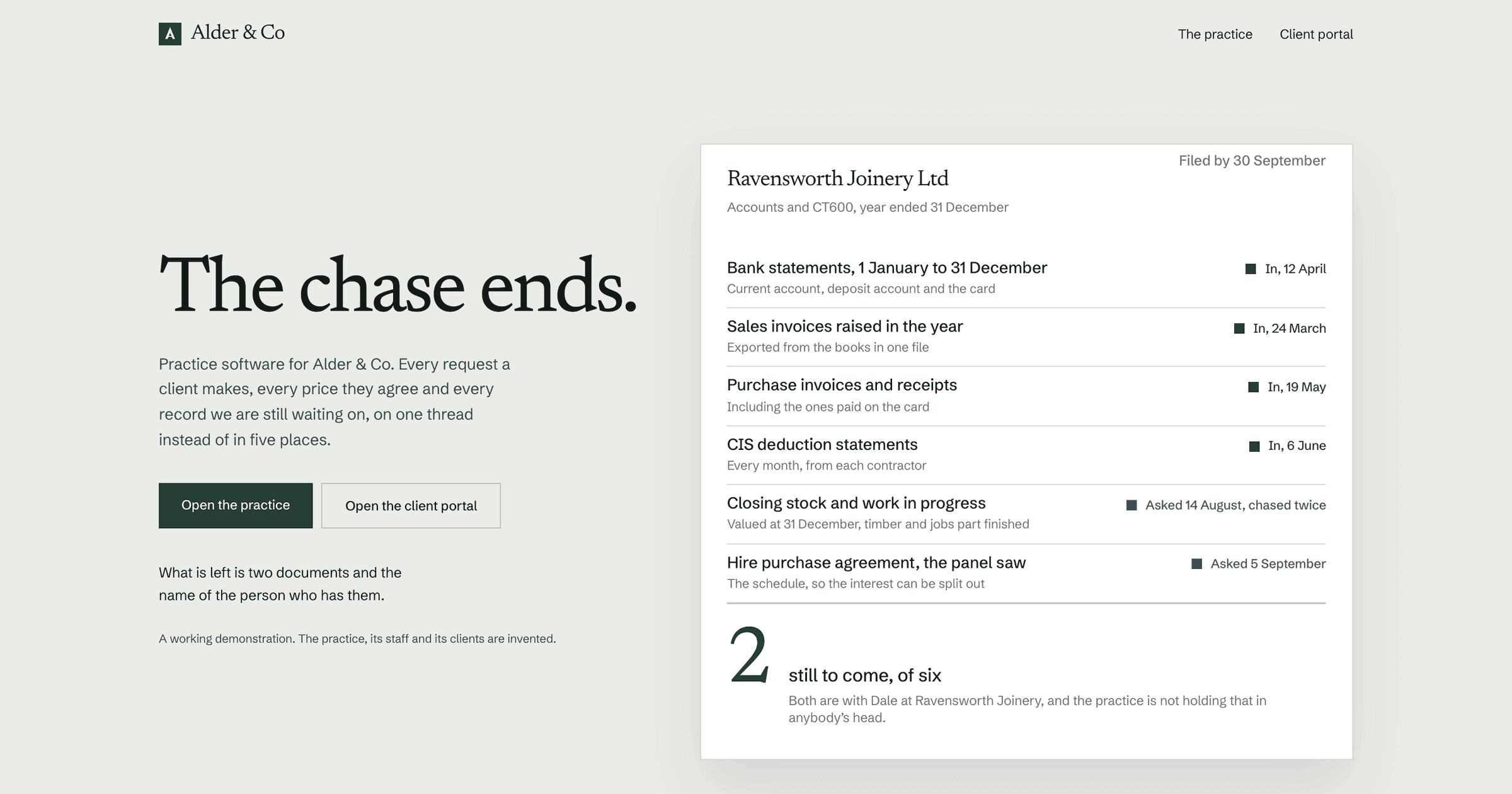 Alder & Co example system: a list of client documents and their states