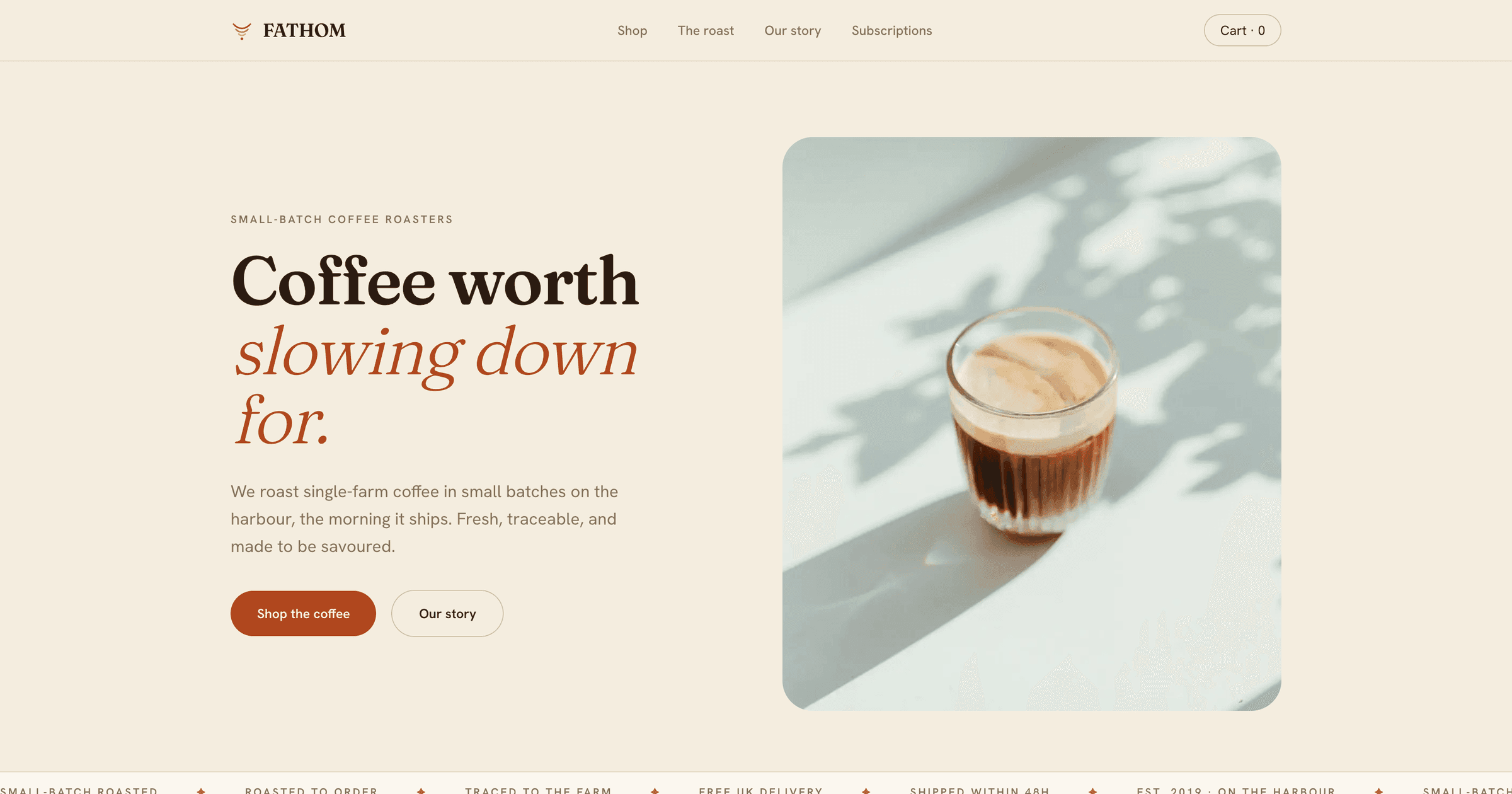 Fathom Coffee example shop: a roast curve beside a darkening coffee bean