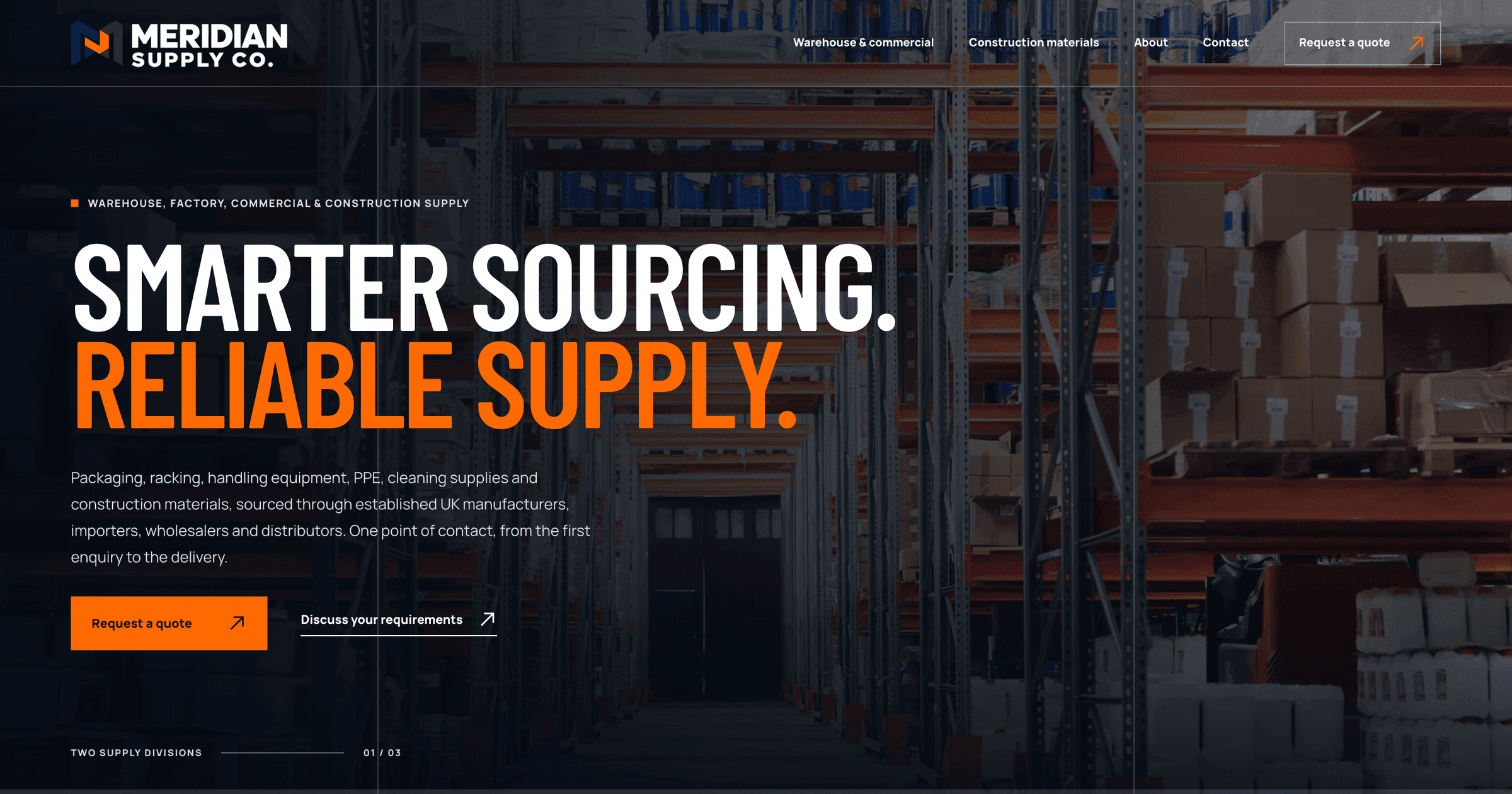 Meridian Supply Co. website, desktop view of the live supply site