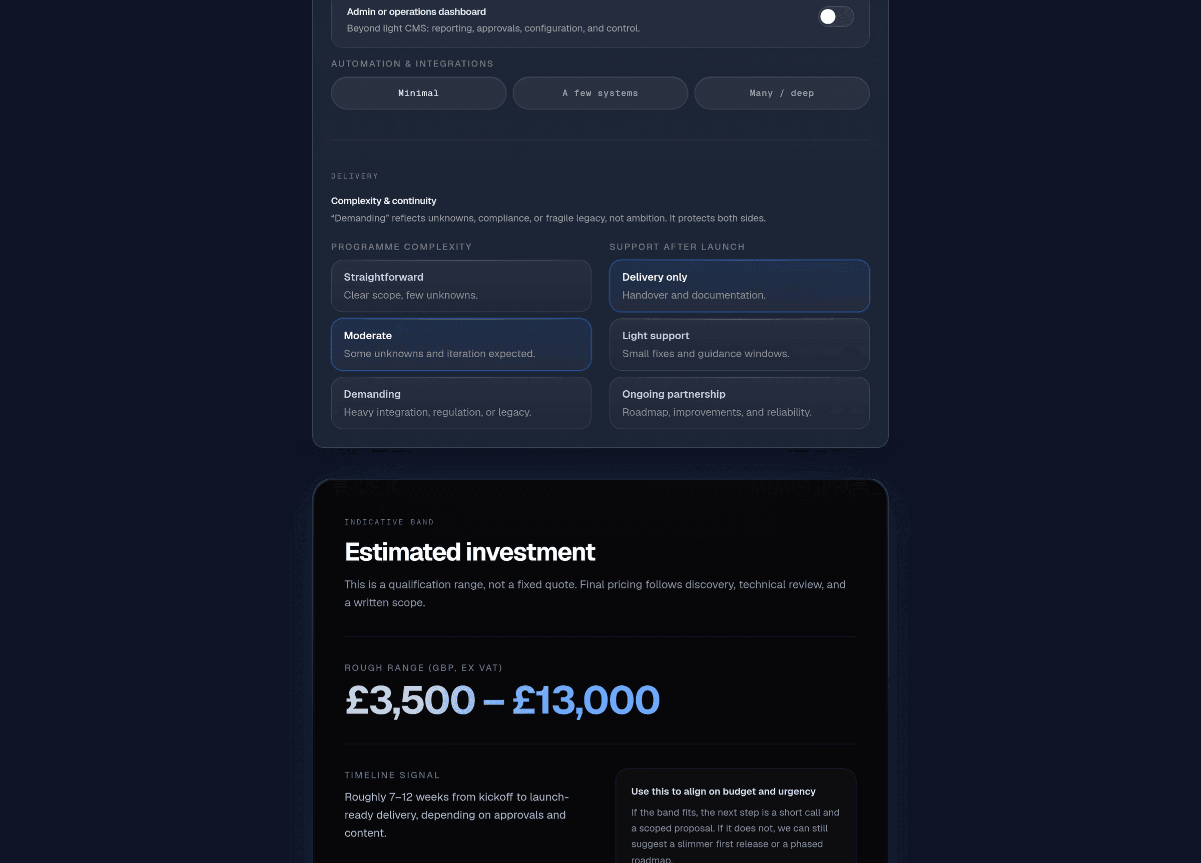 The Ownly instant quote estimator, showing a costed project range